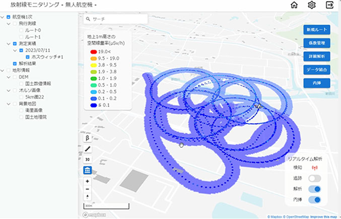 空間線量率分布図を表示した画面