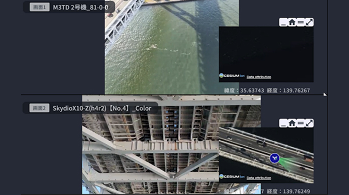 伝送映像(上：Matrice30 下：Skydio)